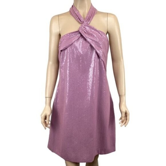 NWT Halston Sarena‎ Dress Size 14 Stretch Sequins Formal Cocktail Halter Mini - Picture 4 of 12